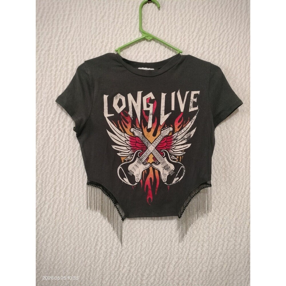 January 7 Long Live Rock Gray Tee Shirt with Metal Fringe Size M Retro Hippie